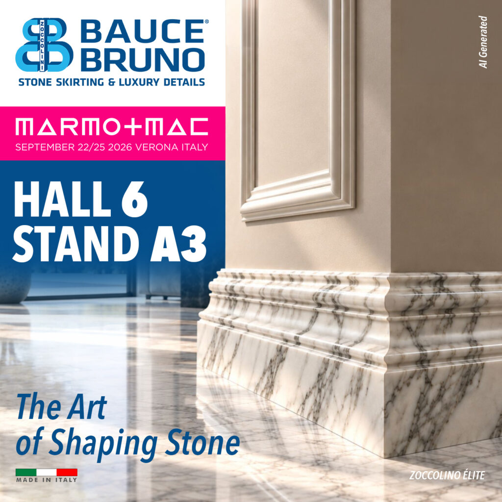 Bauce Bruno torna a Marmomac 2026, dal 22 al 25 settembre a Verona Fiere, Hall 6 Stand A3. Scopri zoccolini, rivestimenti, boiserie e lavorazioni su misura.